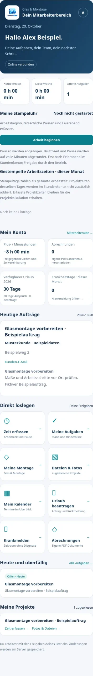GewerkGlas Mitarbeiter-App auf Smartphone mit Arbeitszeiterfassung, Urlaubskonto und Tagesaufträgen