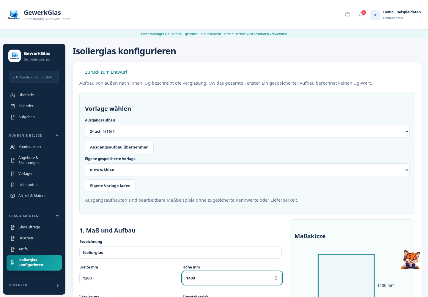 GewerkGlas Isolierglas-Konfiguration in voller Breite mit Vorlagenauswahl und Maßeingabe-Formular