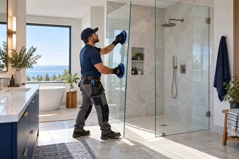 Handwerker misst Duschwand aus Glas in modernem Badezimmer mit Meerblick