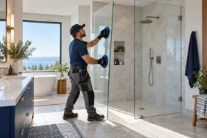 Handwerker reinigt Duschkabine aus Glas mit blauem Saugnapfel-Werkzeug in modernem Badezimmer