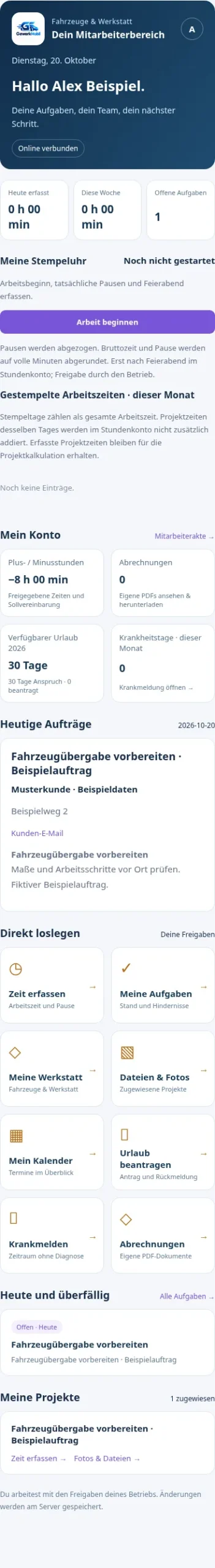 GewerkMobil Mitarbeiter-App auf Smartphone mit Arbeitszeiterfassung, Kontostand und Tagesaufgaben