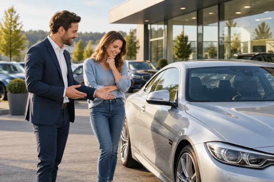 Autohändler berät Kundin an Fahrzeug vor modernem Showroom