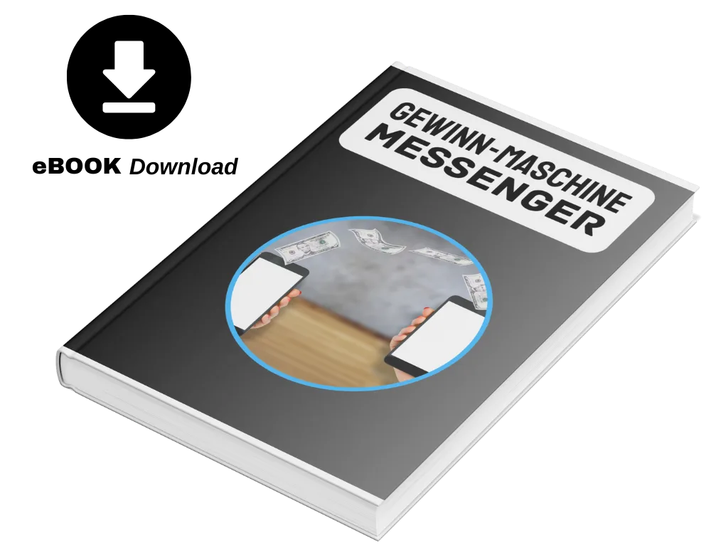 E-Book Mockup mit 3D-Effekt: Buch mit Titel 'Gewinnmaschine Messenger', Hände mit Geld, Download-Icon