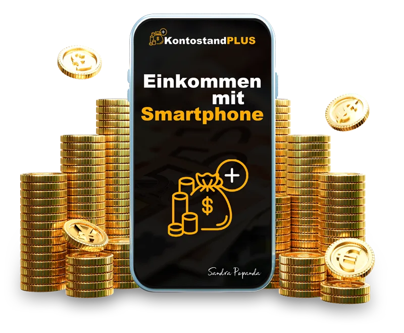 Gewinnquelle Fragebogen – E-Book zu bezahlten Umfragen 3 Smartphone-Mockup mit KontostandPLUS App und Goldmünzen-Grafiken