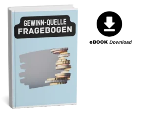 E-Book-Cover Gewinn-Quelle Fragebogen mit Stapel Geldscheine