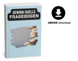 E-Book-Cover Gewinn-Quelle Fragebogen mit Stapel Geldscheine