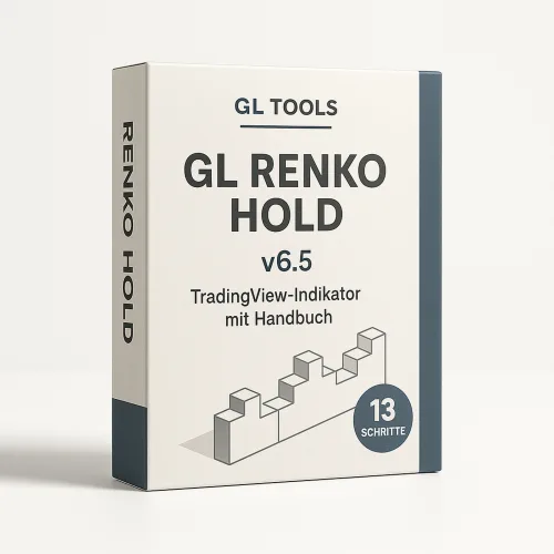 GL Renko Hold v6.5 – TradingView-Indikator von Gilbert Losert 3 Produktbox GL Renko Hold v6.5 TradingView-Indikator mit Käuferhandbuch, Renko-Chart-Grafik und 13-Schritte-Siegel