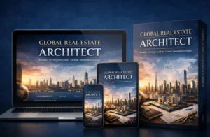 Produktmockup Global Real Estate Architect auf Laptop, Tablet und Smartphone sowie gedruckter Box