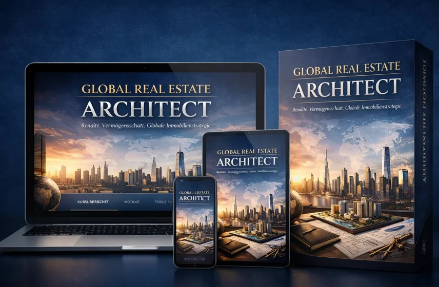 Produktmockup Global Real Estate Architect auf Laptop, Tablet und Smartphone sowie gedruckter Box