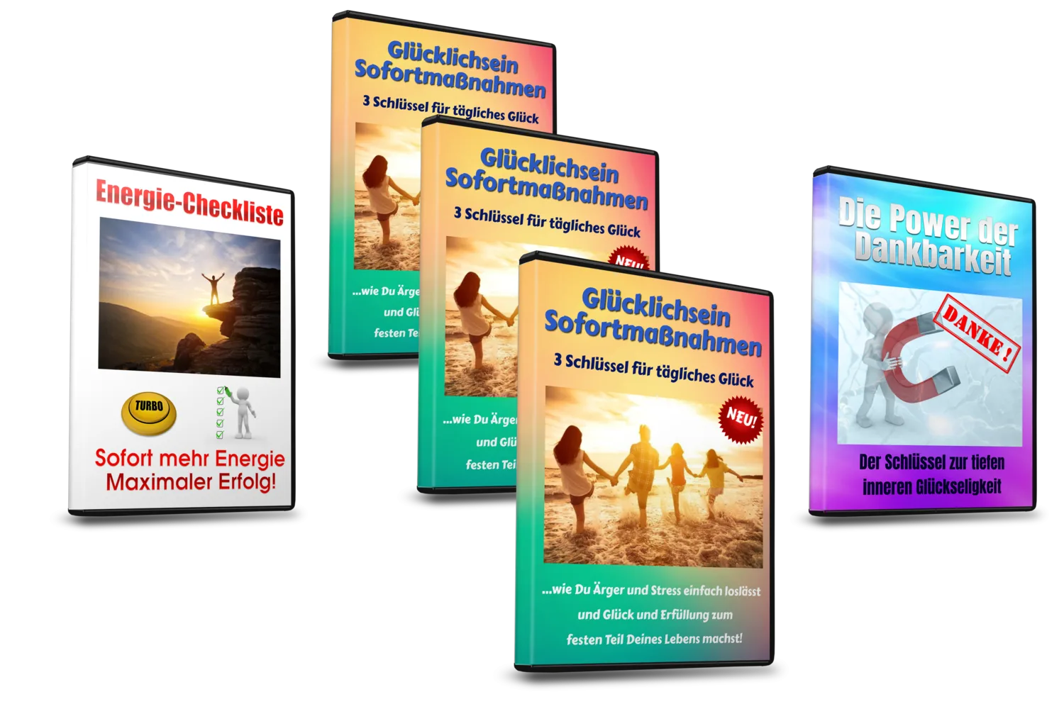 Glücklichsein-Sofortmaßnahmen – Videokurs für mehr Glück 7 Glücklichsein-Sofortmaßnahmen Komplettes Paket Produktbild mit allen DVDs