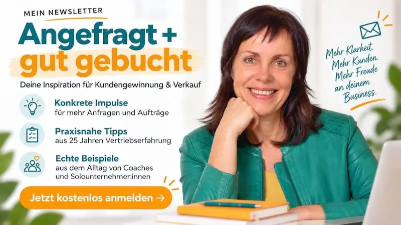 GO-SMART der Umsetzungsplan für aktive Kundengewinnung 4 Newsletter-Anmeldung Banner mit Christina Bodendieck, Text 'Angefragt + gut gebucht', Überschrift und Anmeldungsbutton