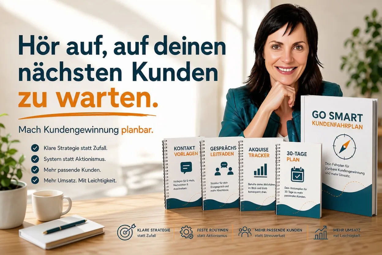 GO-SMART der Umsetzungsplan für aktive Kundengewinnung 1 Hero-Banner mit Frau in grüner Bluse neben GO-SMART Kundenfahrplan Produkten auf Schreibtisch, Text 'Höre auf, auf deinen näc