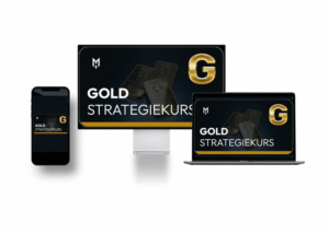 Gold Strategiekurs Mockup auf Smartphone, Monitor und Laptop mit schwarzem Design und goldenem G-Logo