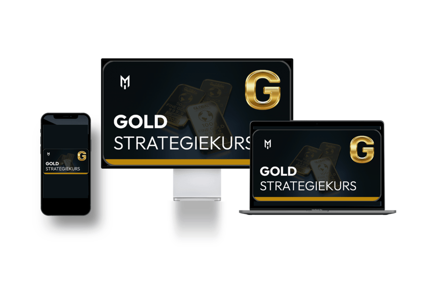 Gold Strategiekurs Mockup auf Smartphone, Monitor und Laptop mit schwarzem Design und goldenem G-Logo