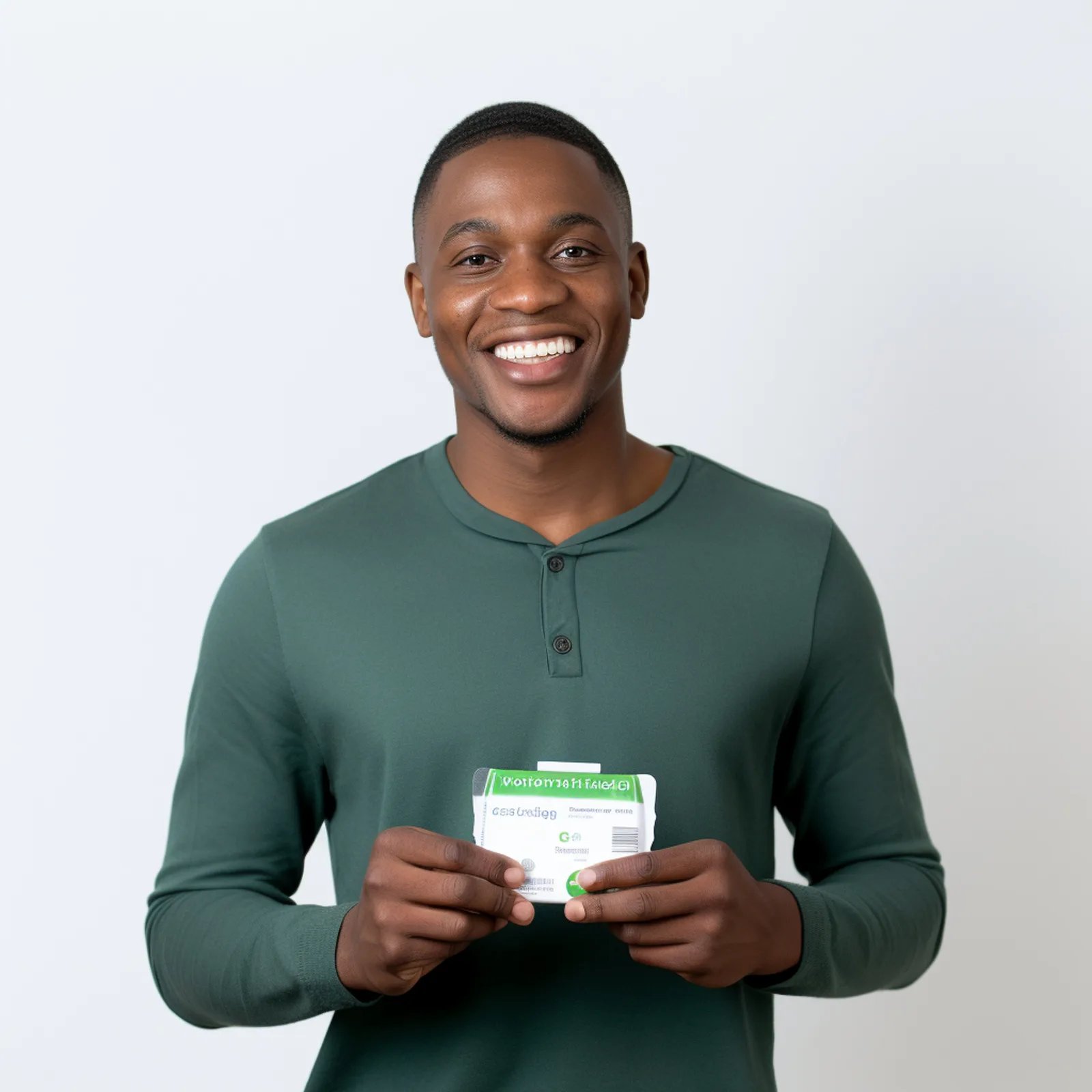 Mann in grünem Langarm-Shirt hält weiße Produktbox vor weißem Hintergrund