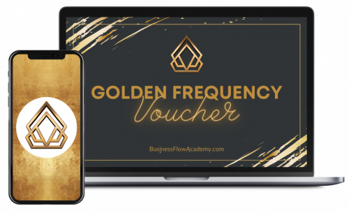 Golden Frequency Voucher auf Laptop und Smartphone mit goldenem Geometrie-Logo