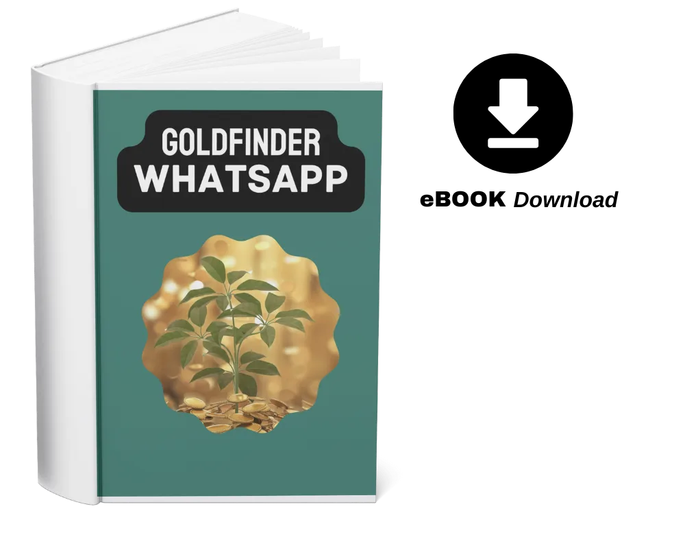Mockup eines E-Books mit türkisem Cover und goldener Pflanze zum Goldfinder WhatsApp Download