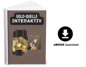 Mockup eines aufgeschlagenen Buchs mit Titel Goldquelle Interaktiv und eBook Download Symbol