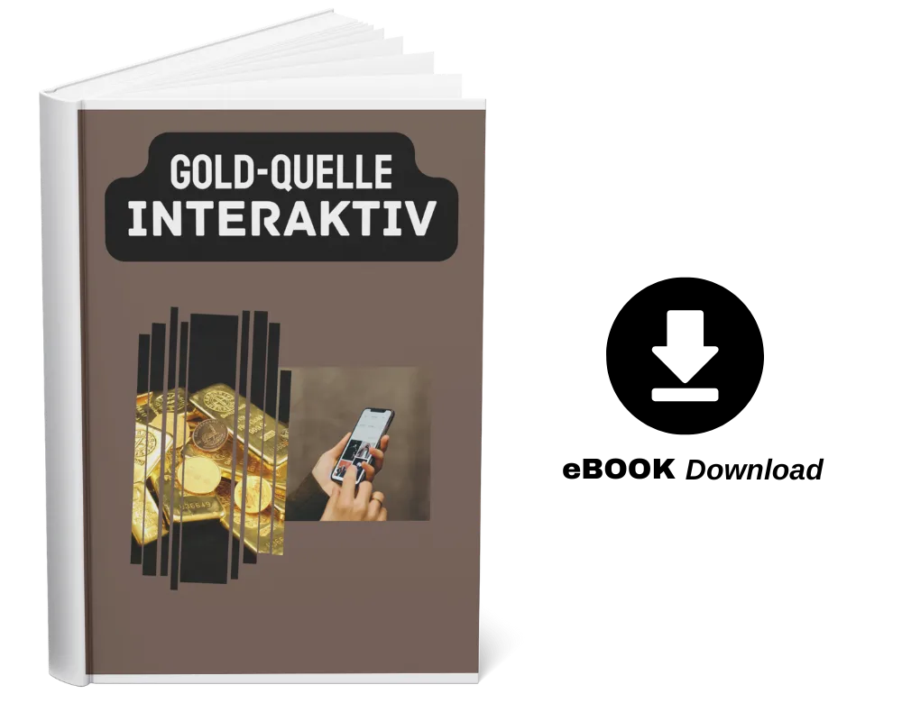 Mockup eines aufgeschlagenen Buchs mit Titel Goldquelle Interaktiv und eBook Download Symbol