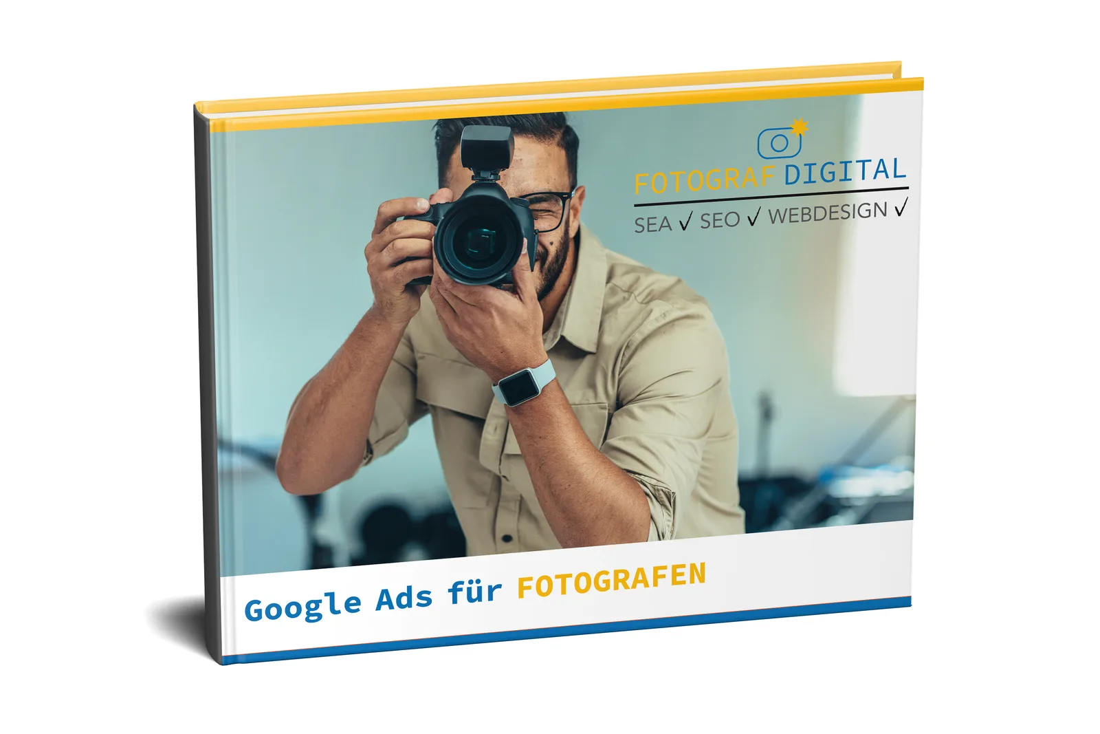 E-Book Mockup Google Ads für Fotografen 3D-Darstellung mit Fotograf und Kamera