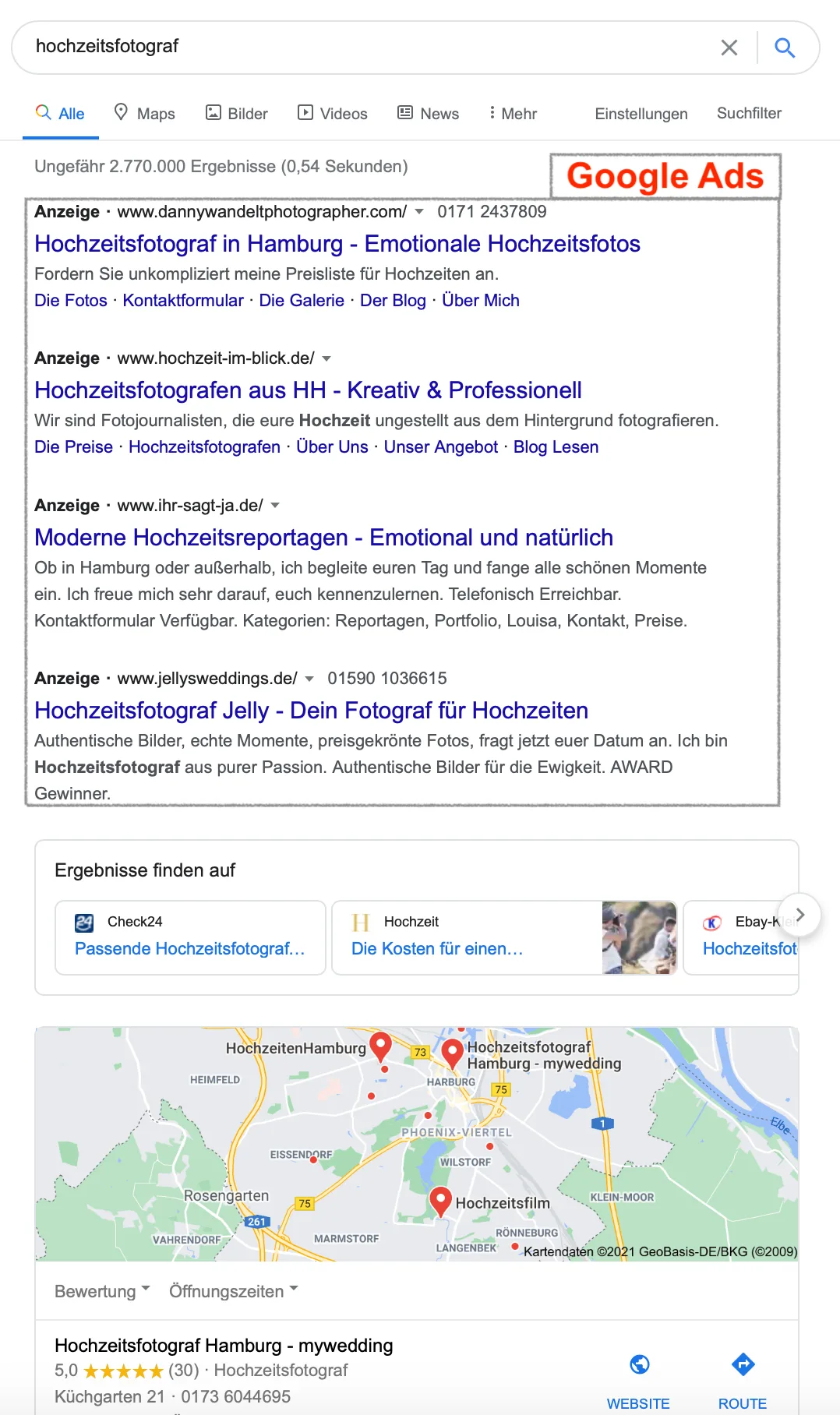 Screenshot Google-Suchergebnisse für Hochzeitsfotograf mit Google Ads Anzeigen