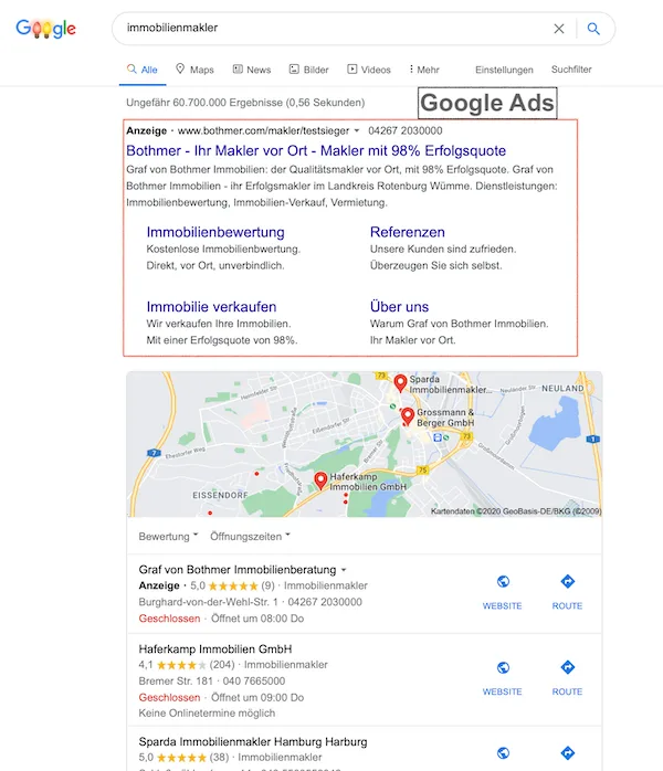 Screenshot Google Ads Platzierung Suchergebnisse Immobilienmakler
