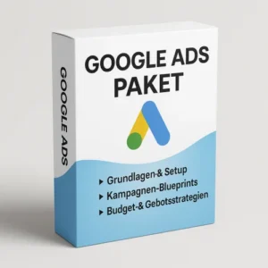 Google Ads Paket Produktbox mit Google Ads Logo und Inhaltsübersicht