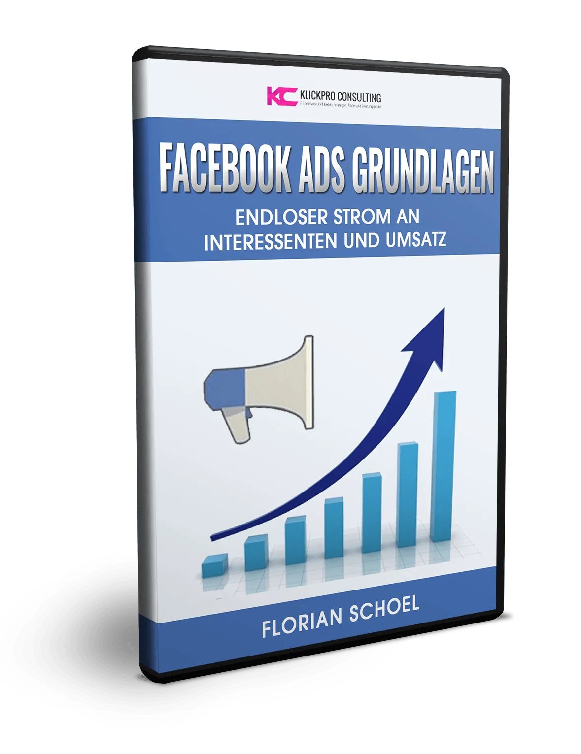 DVD-Cover Facebook Ads Grundlagen mit Megafon-Symbol und blauem Design von Florian Schoel