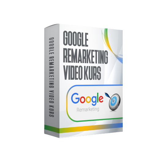 Google Remarketing Video Kurs Produktbox mit Google Logo und bunten Designelementen