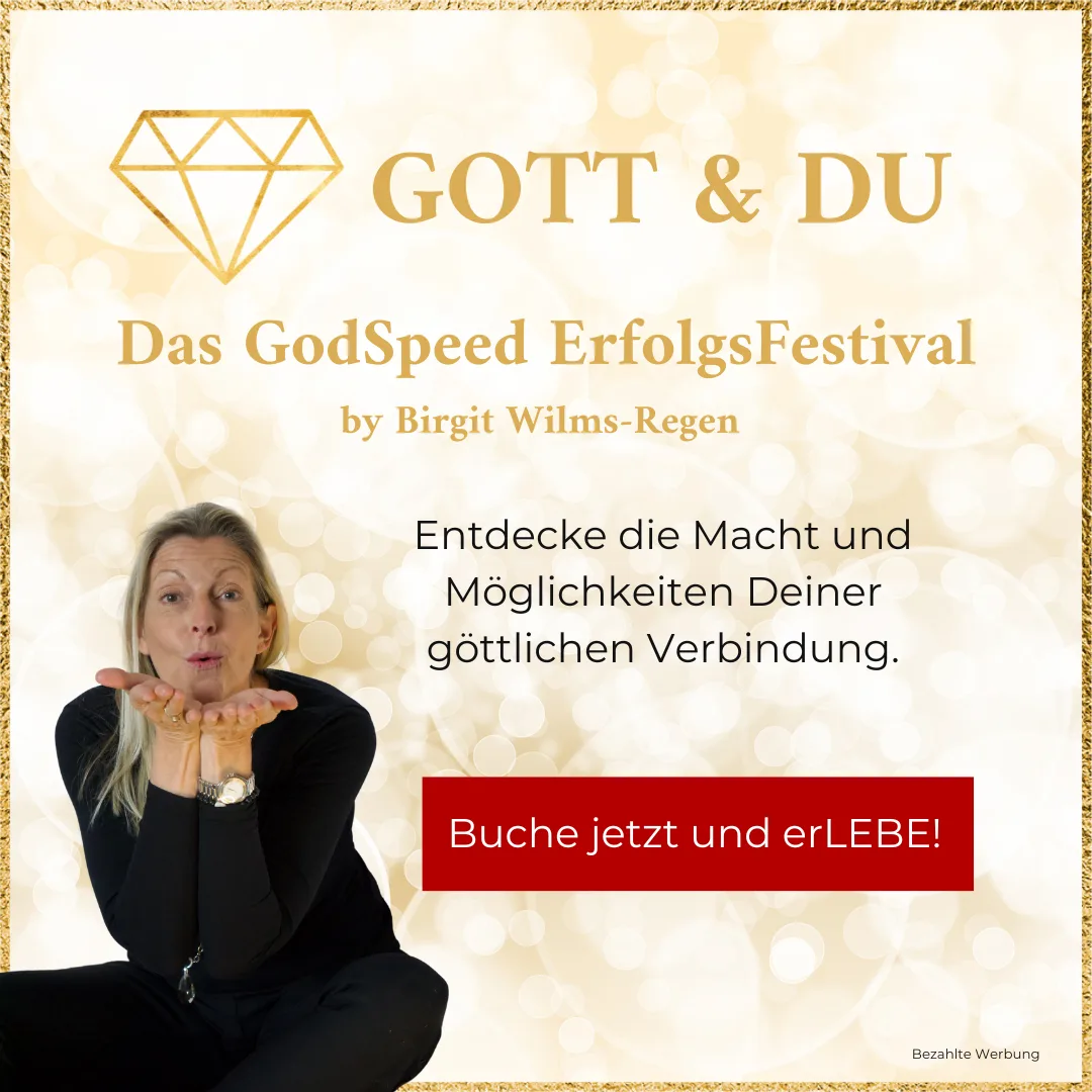 Social Media Post mit goldener Raute, Titel Gott & Du, Text und Frau in schwarzem Outfit