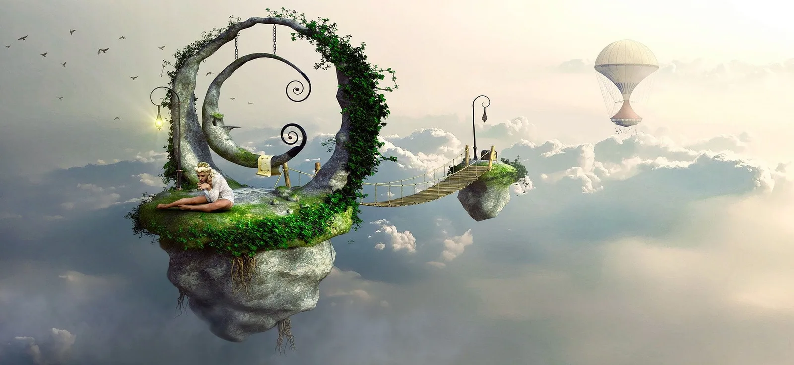 Fantastische Landschaft mit schwebender Insel, verschlungenem Baum und Brücke zu Plattform mit Luftschiff