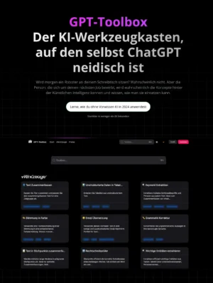 GPT-Toolbox Pro Startseite mit Werkzeuge-Übersicht und Suchleiste auf schwarzem Hintergrund