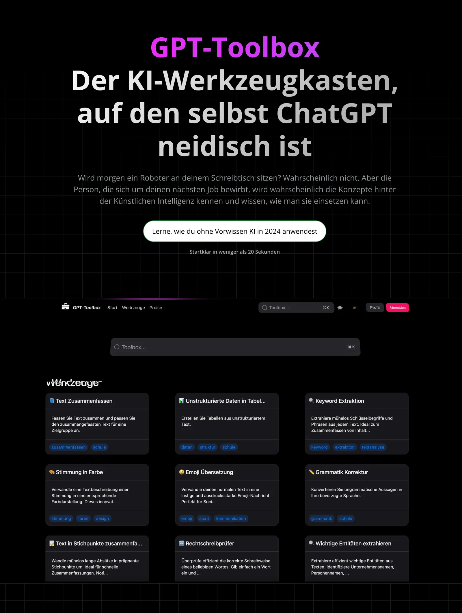 GPT-Toolbox Pro Startseite mit Werkzeuge-Übersicht und Suchleiste auf schwarzem Hintergrund
