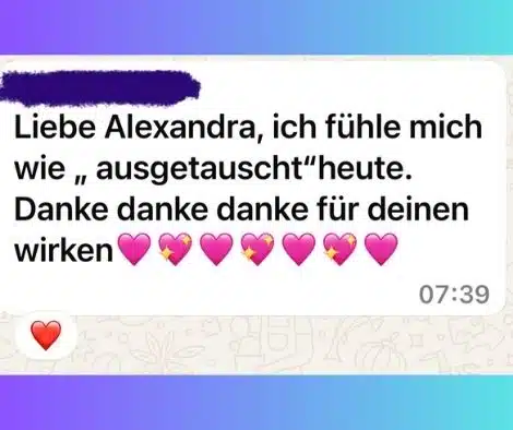 Grace Integrity® 3:1 Seelenverkörperung – Spirituelles Coaching 11 Dankesnachricht an Alexandra mit mehrfach Herzem-Emoji
