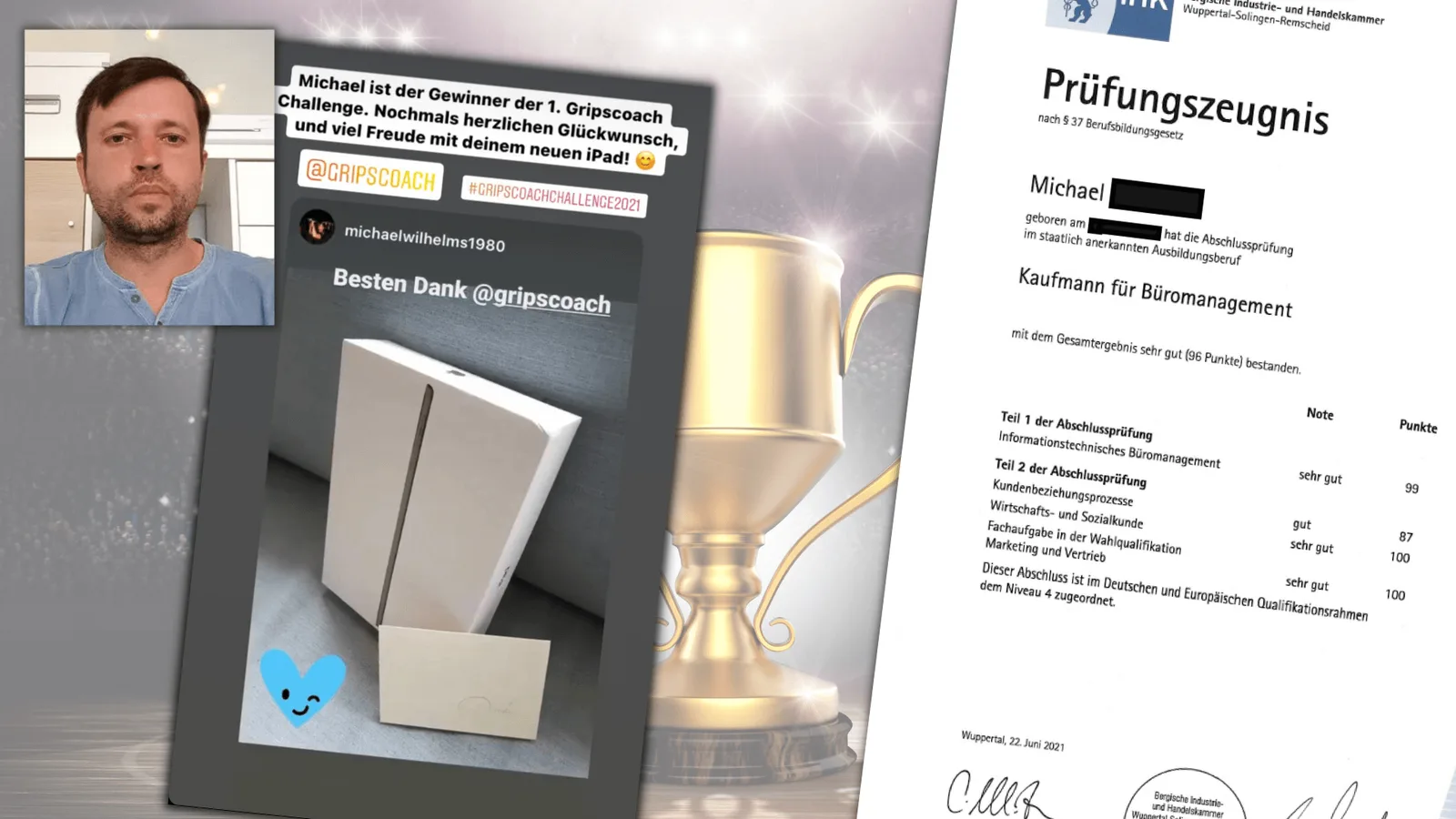 Michael mit iPad als Gewinner der Gripscoach Challenge 1.0, Prüfungszeugnis Kaufmann für Büromanagement mit 96 Punkten