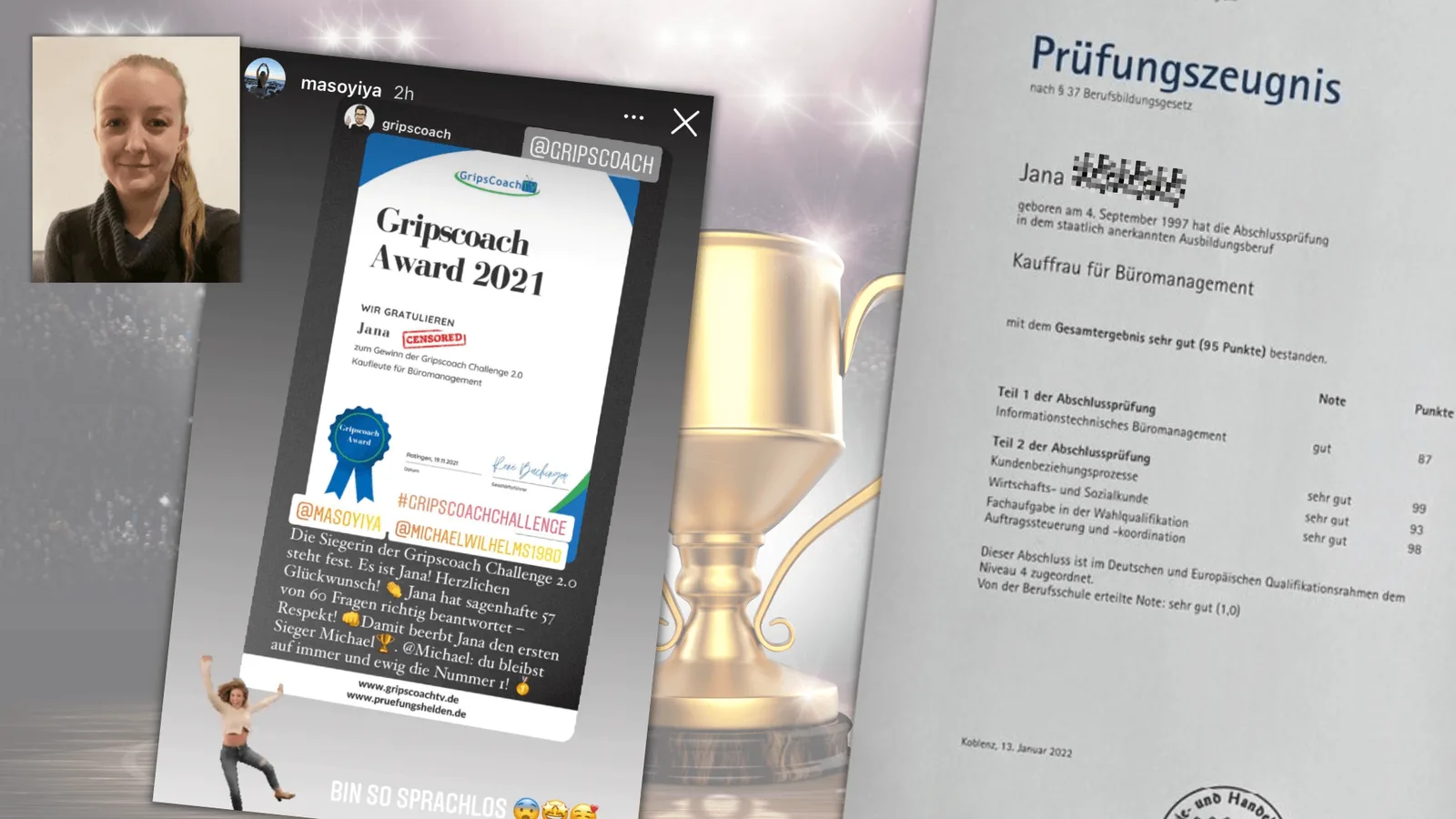 Jana als Gewinnerin der Gripscoach Challenge 2.0, Prüfungszeugnis Kauffrau für Büromanagement mit Note 1 und 95 Punkte