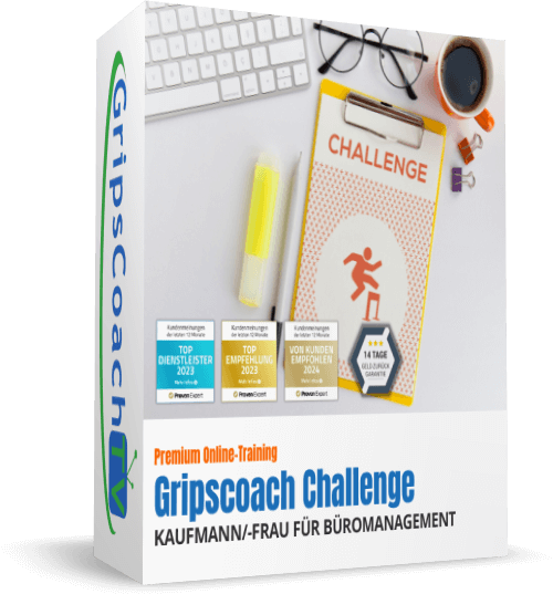 Produktverpackung Gripscoach Challenge mit Lernmaterialien, Keyboard und Kaffee auf weißem Hintergrund