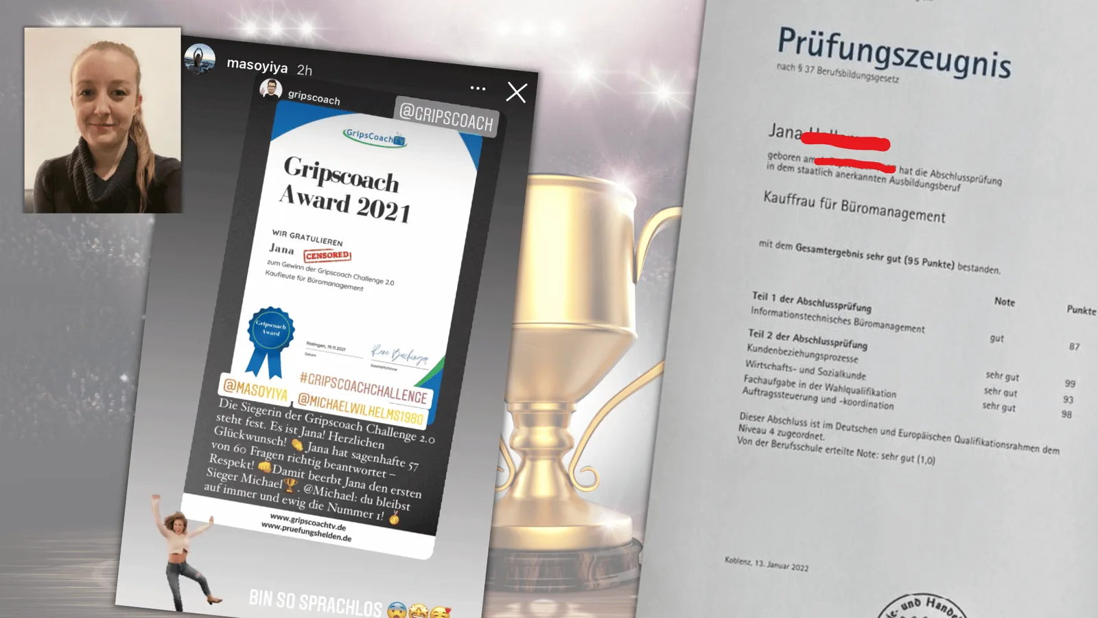 Absolventin Jana Hallemans mit Gripscoach Award-Zertifikat und Prüfungszeugnis 95 Punkte