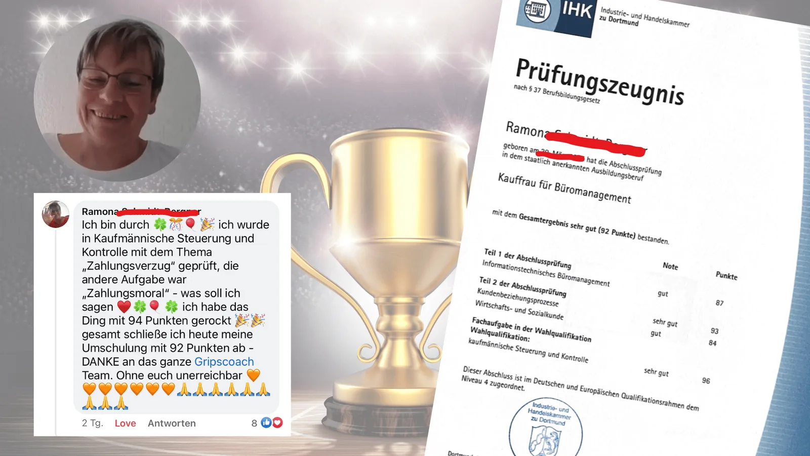 Absolventin Ramona Schmidt-Bergner mit Prüfungszeugnis 92 Punkte und LinkedIn-Testimonial