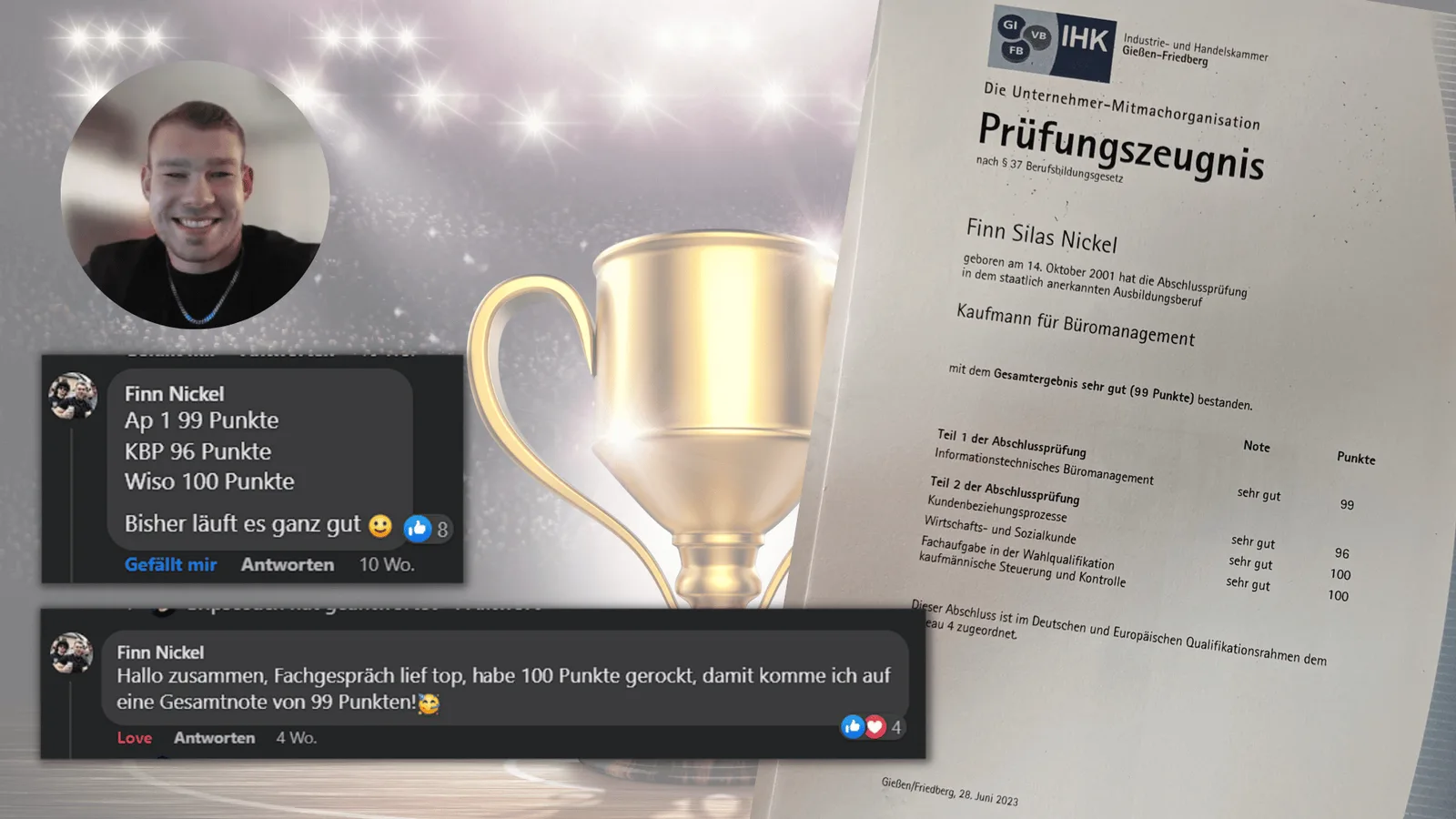 Absolvent Finn Silas Nickel mit Prüfungszeugnis 99 Punkte und Social-Media-Beitrag
