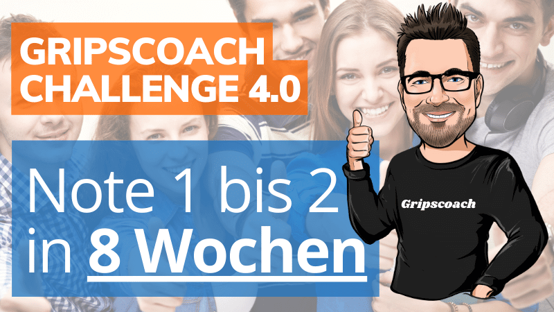 Gripscoach Challenge 4.0 Werbebanner Note 1 bis 2 in 8 Wochen mit Cartoon-Figur und Teilnehmern