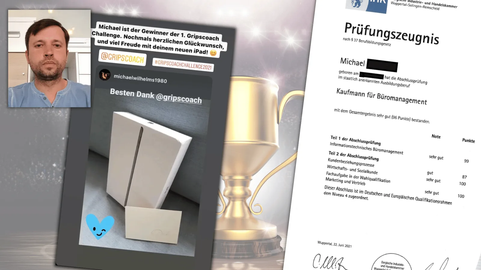 Absolvent Michael Wilhelms Gewinner Gripscoach Challenge 2021 mit iPad-Preis und Prüfungszeugnis