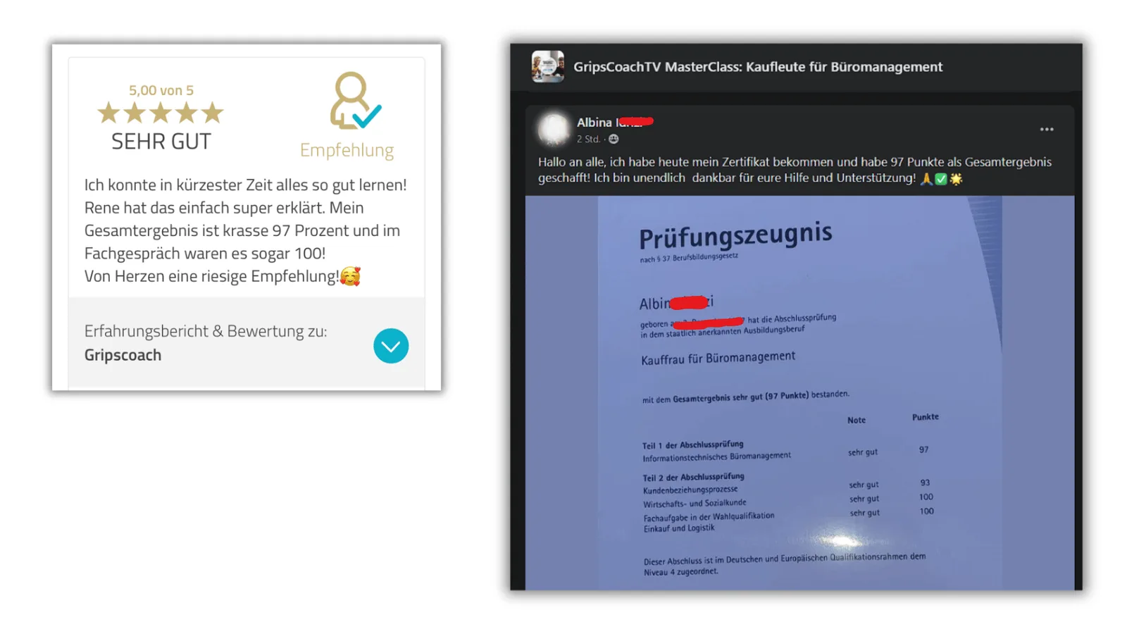 Kundenbewertung 5 Sterne mit Empfehlung und Testimonial von Gripscoach Absolventin