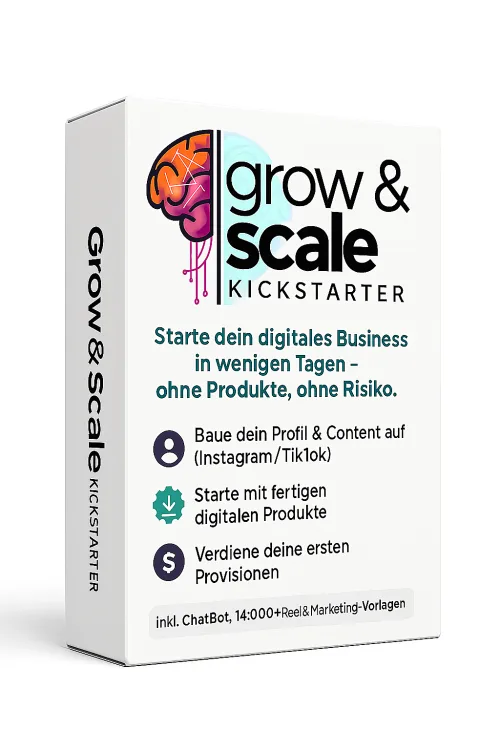 Grow & Scale Kickstarter – KI-Social-Media-Videokurs 1 Produktverpackung Grow & Scale Kickstarter mit buntem Hirn-Logo und Text