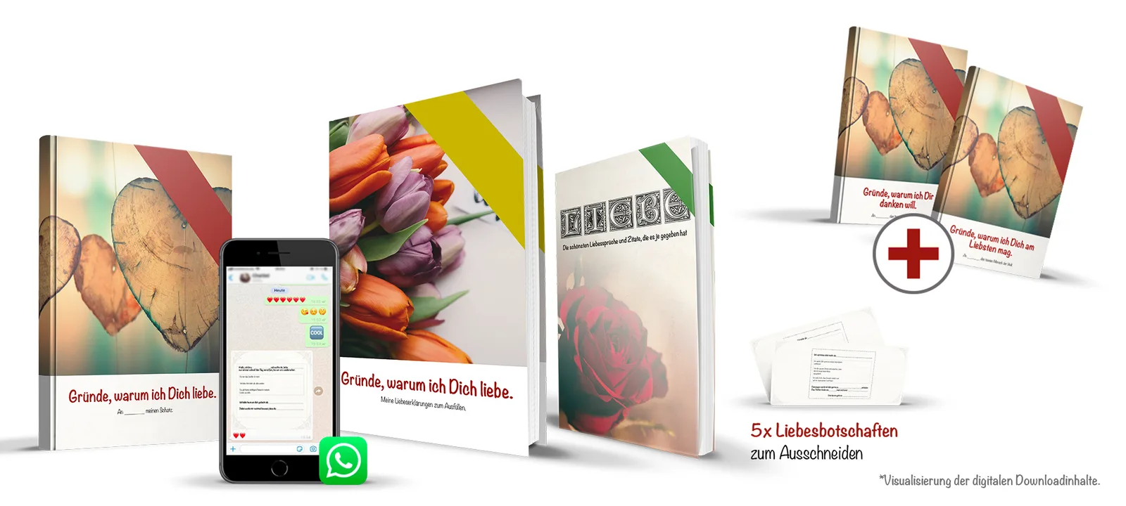 Produktmockup zeigt mehrere Komponenten: Hardcover-Bücher mit Blumenmotiv, Smartphone mit WhatsApp-Screenshot, rotes Kreuz-Sy