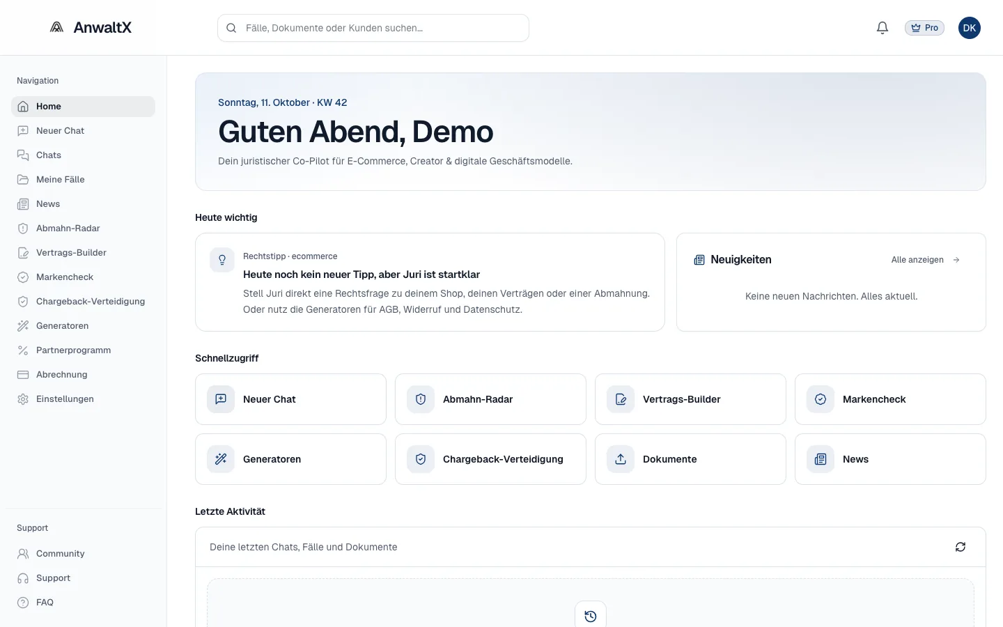 AnwaltX App Screenshot: Dashboard mit Grußwort, Rechtstipp, Neuigkeiten und Schnellzugriff auf Werkzeuge