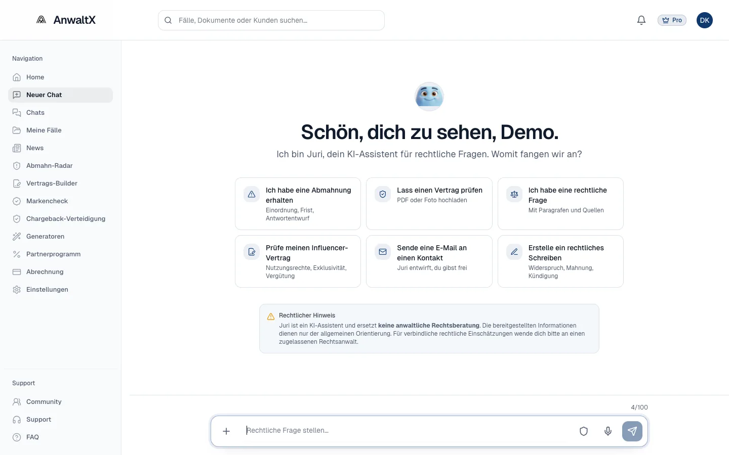 AnwaltX App Screenshot: Chat-Interface mit Juri und Startpunkte für Abmahnung, Vertragscheck, Influencer-Vertrag