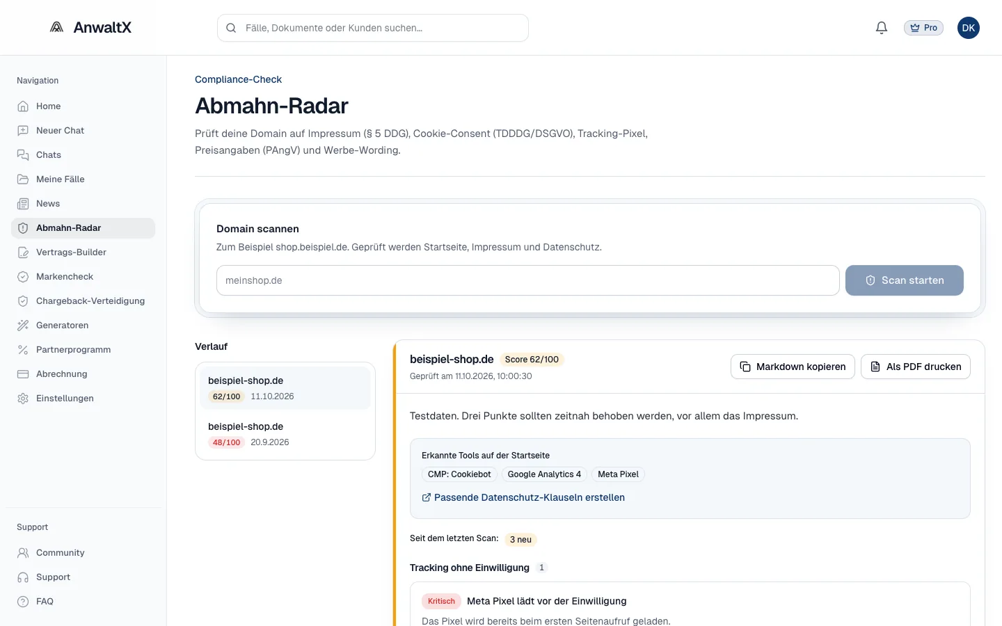 AnwaltX App Screenshot: Abmahn-Radar mit Domain-Scan, Compliance-Check für beispiel-shop.de mit Score 62/100