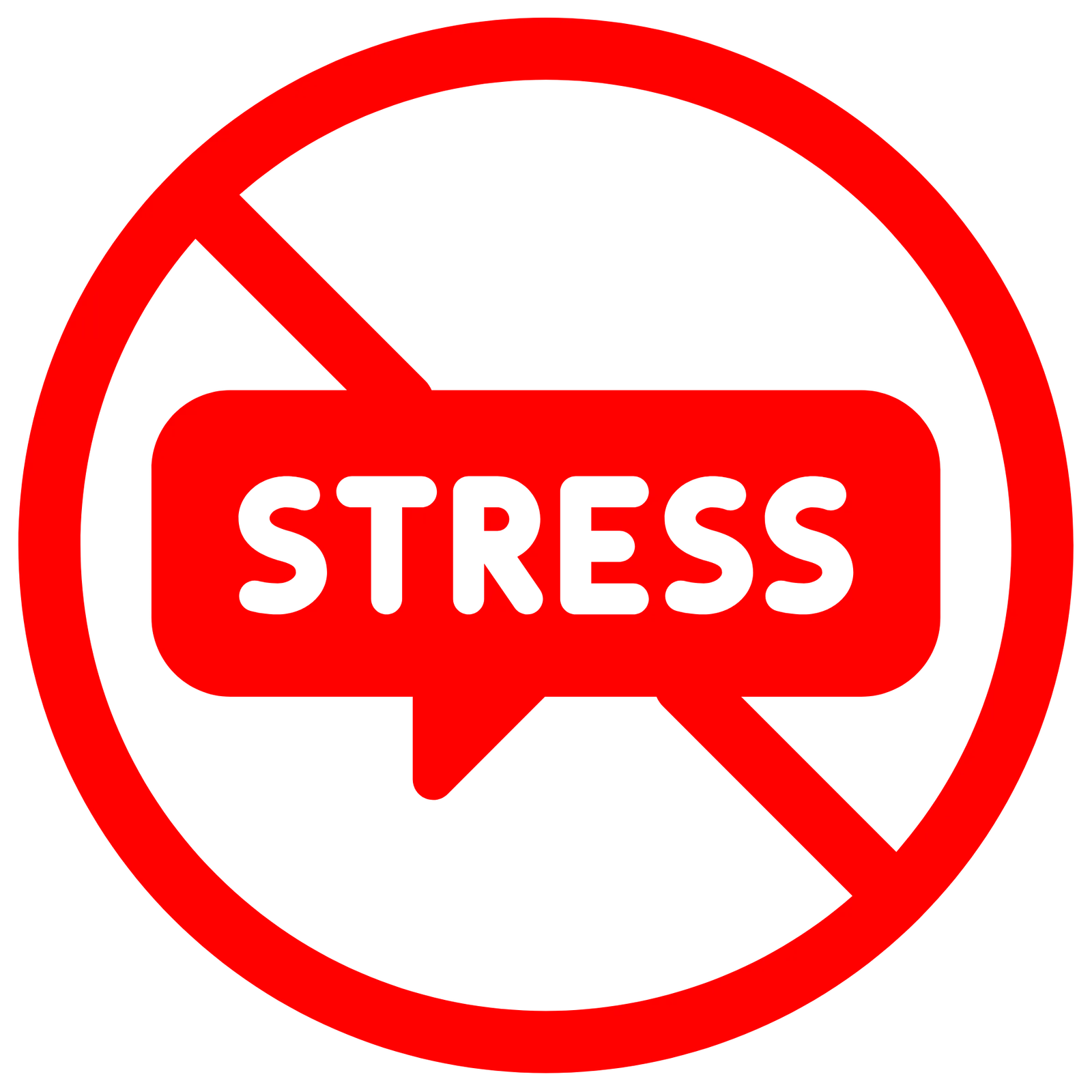 Rotes Symbol mit Sprechblase und Wort STRESS – Stressabbau-Logo