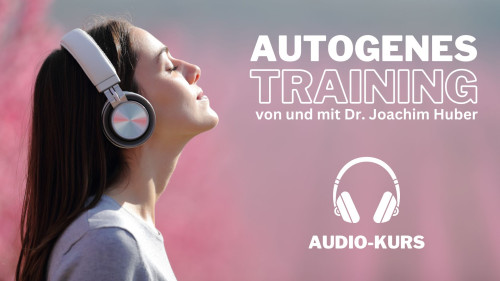 Autogenes Training Audio-Kurs mit Frau, Kopfhörer, rosa Hintergrund – Hero-Banner